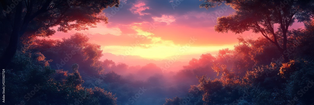 Fototapeta premium Enchanted Sunset: A Misty Forest Dream