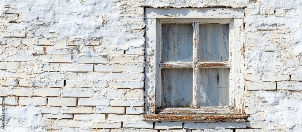 Old weathered brick wall with rustic wooden window frame and peeling paintbackdrop Old weathered brick wall with rustic wooden window frame and peeling paintbackdrop