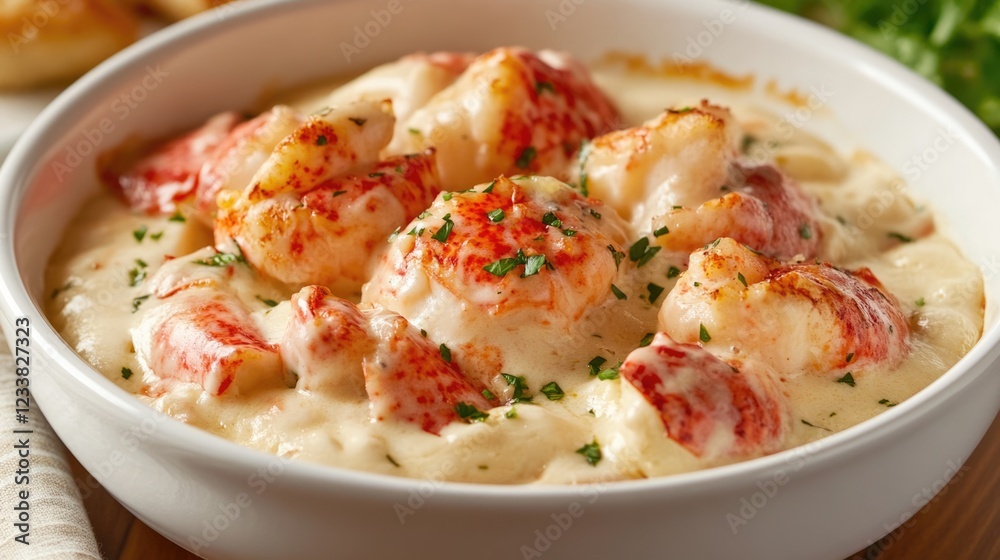 Creamy Baked Lobster in White Bowl with Garnished Herbs Creamy Baked Lobster in White Bowl with Garnished Herbs