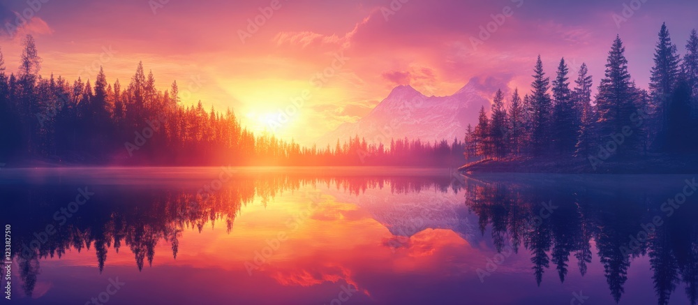 Serene sunset over a tranquil lake reflecting a colorful sky and forest with ample space for text and creative design.