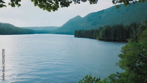 a large body of water surrounded by trees