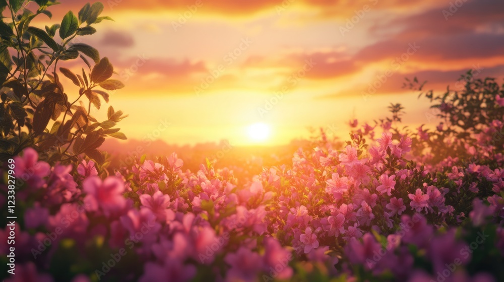 Naklejka premium Breathtaking Sunset Illuminating a Vibrant Flowering Garden with Space for Text and Inspirational Messaging