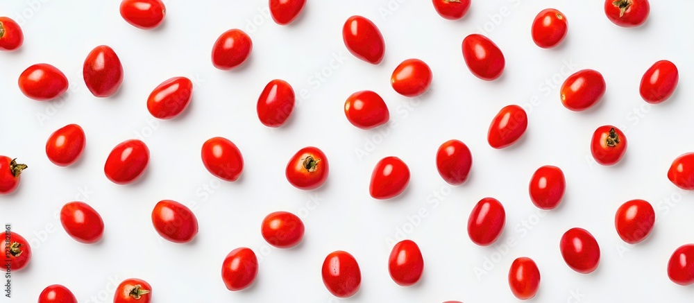 Red cherry tomatoes scattered on white background with ample copy space