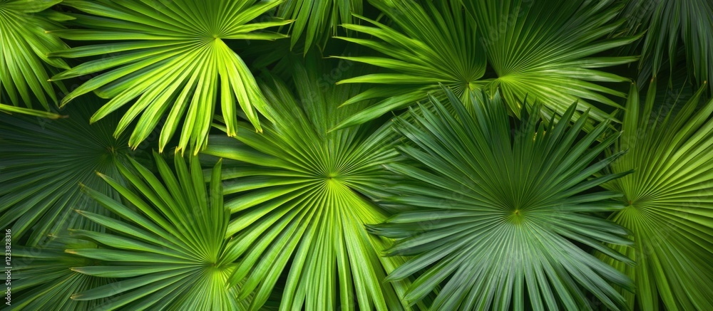 Green palm leaves overlapping with vibrant textures and natural patterns, tropical plant background. Green palm leaves overlapping with vibrant textures and natural patterns, tropical plant background.