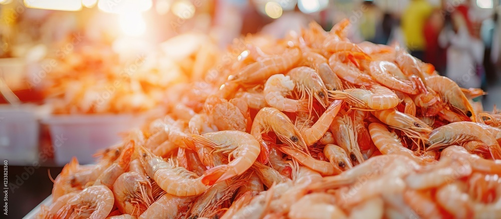 Freshly harvested shrimp displayed in a market with bright sunlight and blurred background, ideal for culinary or seafood themes, Copy Space Freshly harvested shrimp displayed in a market with bright sunlight and blurred background, ideal for culinary or seafood themes, Copy Space