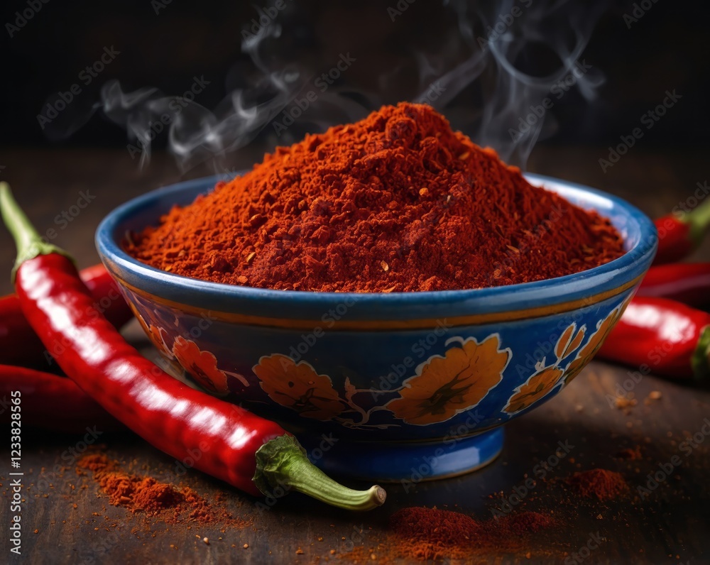 Traditional red chili powder with whole red chilies, captured in an ethnic setting. The vibrant color and rich texture highlight the essence of Indian spices and culinary heritage. Traditional red chili powder with whole red chilies, captured in an ethnic setting. The vibrant color and rich texture highlight the essence of Indian spices and culinary heritage.