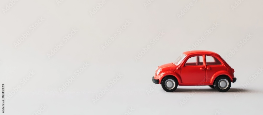 Red toy car on a light background with ample copy space for text placement Red toy car on a light background with ample copy space for text placement
