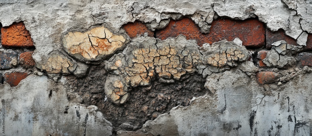 Weathered brick wall with cracked peeling plaster texture, showcasing layers of exposed red bricks and aged material. Weathered brick wall with cracked peeling plaster texture, showcasing layers of exposed red bricks and aged material.