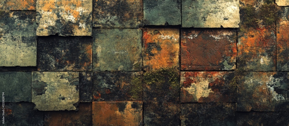 Rustic weathered metal tile texture background with weathering marks and aging patterns Rustic weathered metal tile texture background with weathering marks and aging patterns