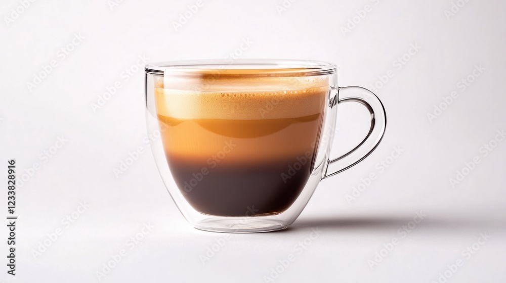 A coffee cup in transparent glass with a smooth crema top, resting on a pure white background A coffee cup in transparent glass with a smooth crema top, resting on a pure white background