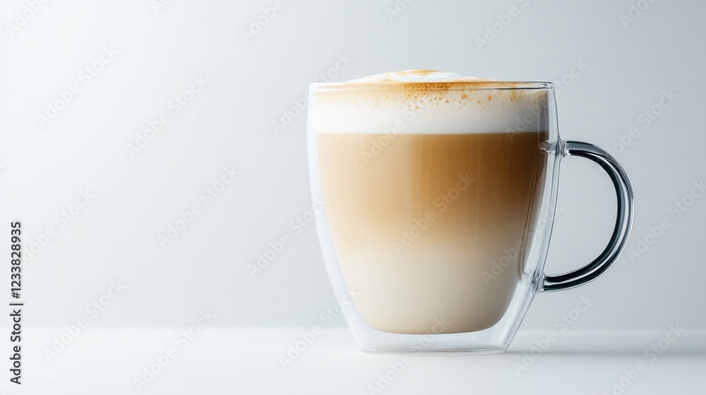 A coffee cup in transparent glass with a smooth crema top, resting on a pure white background A coffee cup in transparent glass with a smooth crema top, resting on a pure white background