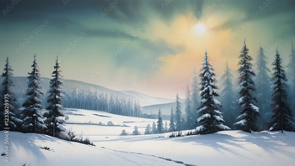 Fototapeta premium a painting of a snowy landscape with trees