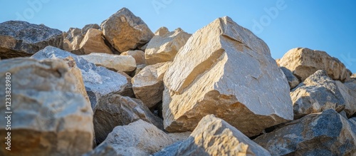 Pile of large irregular rocky stones under clear blue sky at close view photo