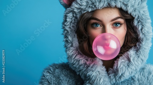 Close-up portrait of a young woman in an animal costume blowing a pink bubblegum bubble against a blue banner background. photo