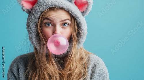 Close-up portrait of a young woman in an animal costume blowing a pink bubblegum bubble against a blue banner background. photo