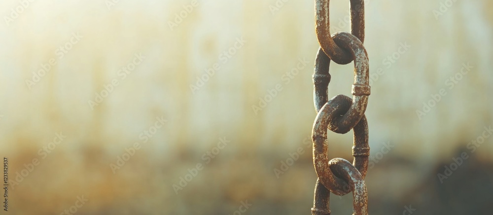 Close-up of rusty chain links with blurred background and sunlight, small copy space Close-up of rusty chain links with blurred background and sunlight, small copy space