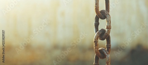 Close-up of rusty chain links with blurred background and sunlight, small copy space photo