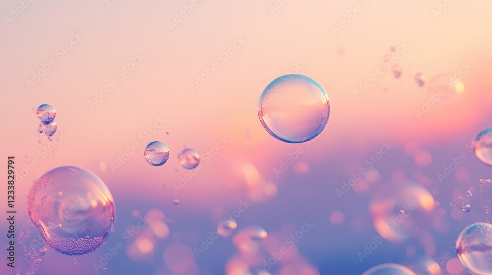 Colorful, iridescent soap bubbles float gracefully against a pastel pink and blue sunset sky. Colorful, iridescent soap bubbles float gracefully against a pastel pink and blue sunset sky.