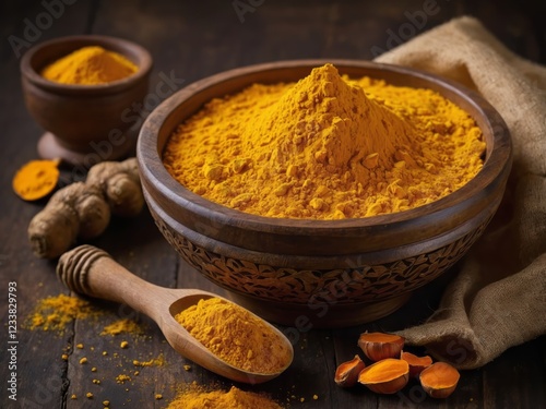 Pure haldi (turmeric) powder, with its vibrant yellow color and rich texture, known for its culinary, medicinal, and beauty benefits. A natural ingredient that adds warmth and health to every dish.