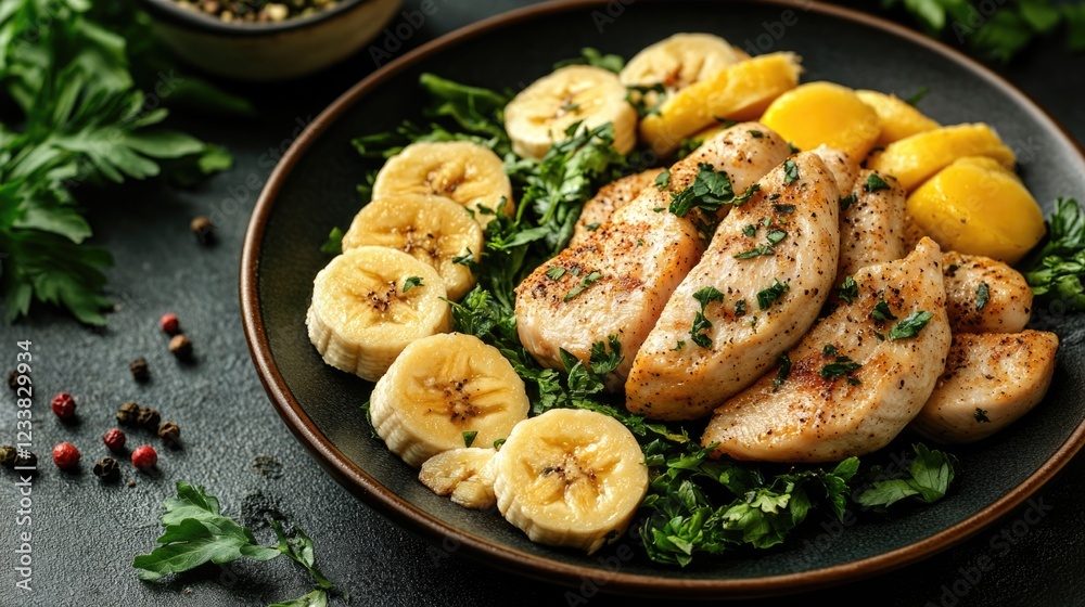 Top view of seasoned chicken breast served with fried bananas and fresh herbs on a dark plate with empty space for text or advertising Top view of seasoned chicken breast served with fried bananas and fresh herbs on a dark plate with empty space for text or advertising
