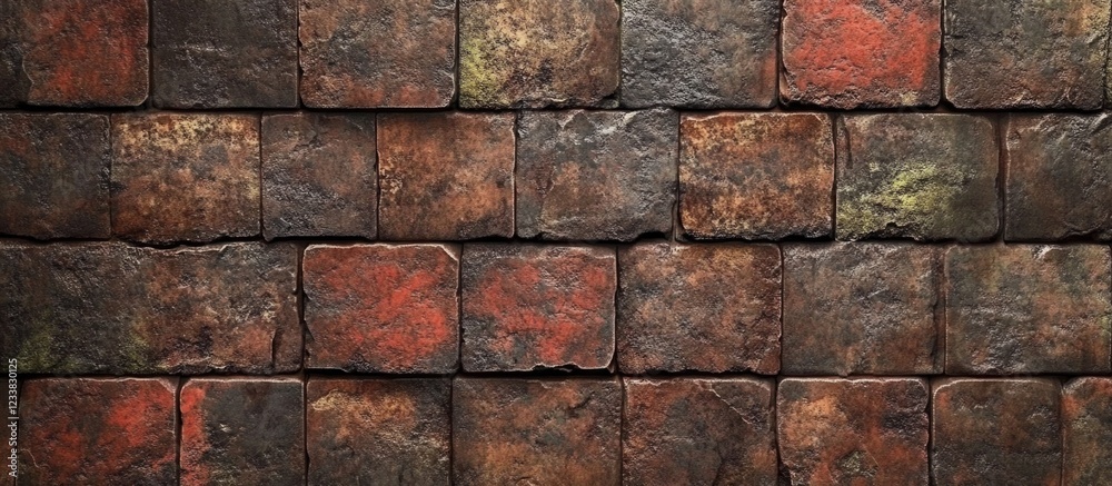 Rough textured stone brick wall with reddish-brown and gray tones arranged in a horizontal grid pattern
