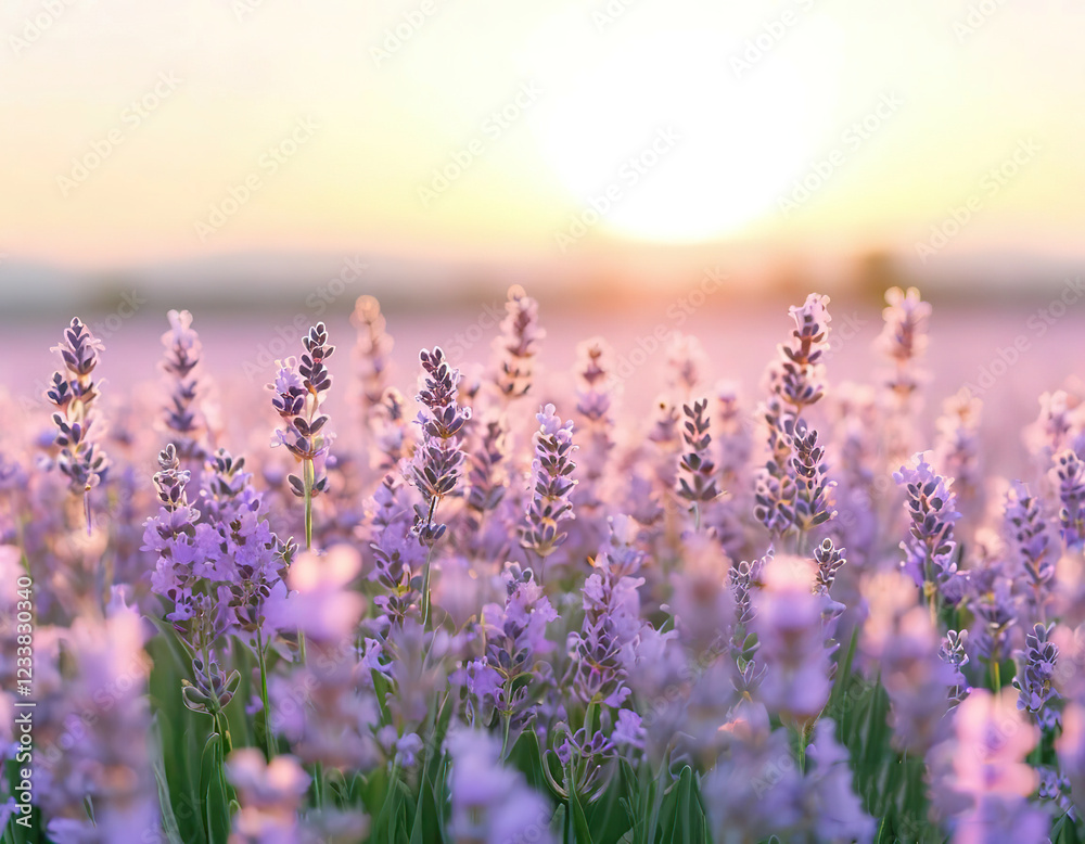 Naklejka premium lavender field. golden sunset light.