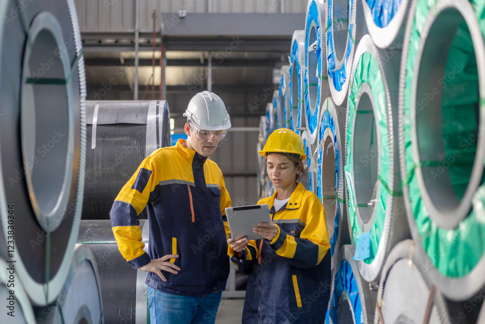 custom made wallpaper toronto digitalGenerated imageMale engineer is supervising his young female trainee how to check a production system in a metal sheet factory. A team of mechanical engineers are using tablet and application testing