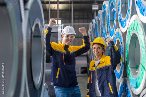 Wallpaper Mural Two young engineers or mechanical workers in safety suit celebrate their agreement with high five next to the rolls of metal sheets in a factory. Partnership among two workers. Cooperation in factory Torontodigital.ca