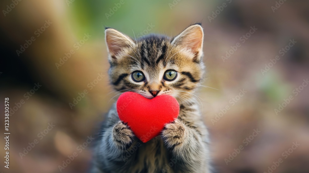 Fototapeta premium Cute cat with red heart for Valentine’s Day greeting card design
