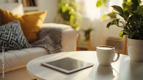 Cozy living room scene with a tablet on a white table alongside a cup of coffee and soft lighting enhancing the atmosphere.