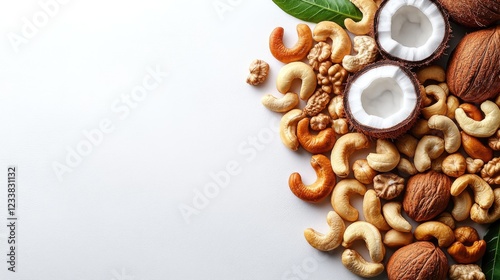 Cashew nuts and coconut clusters arranged on a white background with empty copyspace for nutritional or recipe text.