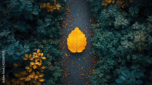 Aerial view of a vibrant yellow leaf resting on a park path surrounded by lush green foliage in autumn colors photo