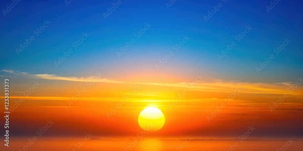 Bright orange sun rising above the horizon in a clear blue sky , sunrise, horizon, sun rays Bright orange sun rising above the horizon in a clear blue sky , sunrise, horizon, sun rays