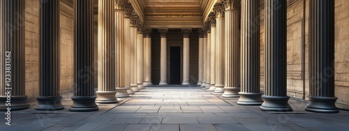 Dramatic ancient colonnade with classic Greek or Roman architecture showcasing empty spaces perfect for text or graphic overlays