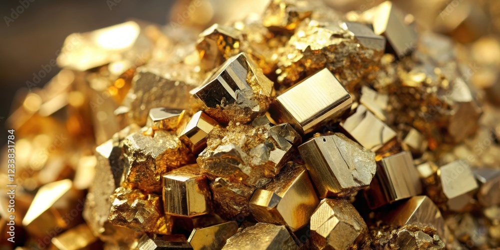 Close up of golden pyrite mineral with shiny metallic surface , gold, pyrite, mineral, geology, shiny, metallic, close up Close up of golden pyrite mineral with shiny metallic surface , gold, pyrite, mineral, geology, shiny, metallic, close up
