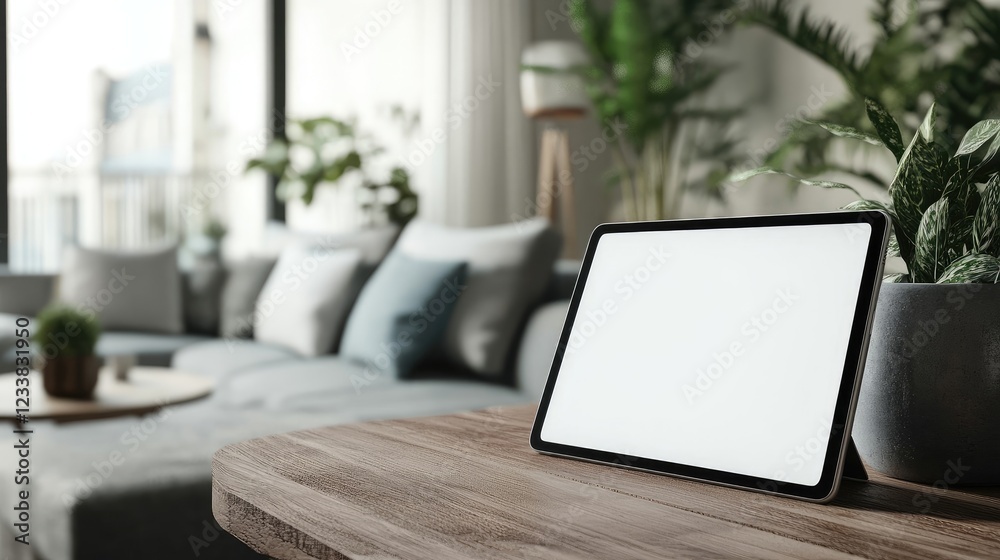 custom made wallpaper toronto digitalTablet Mockup Displaying Blank Screen in Modern Living Room Setting with Wooden Table and Lush Greenery for Design Presentation