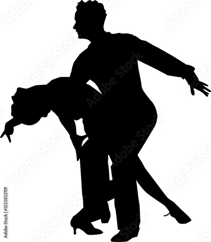 Vector illustration silhouettes of a dancing couple, with the woman leaning back and the man leaning forward.