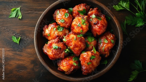 Crispy fried chicken thighs in a wooden bowl garnished with parsley on a rustic table with empty space for text or advertising photo