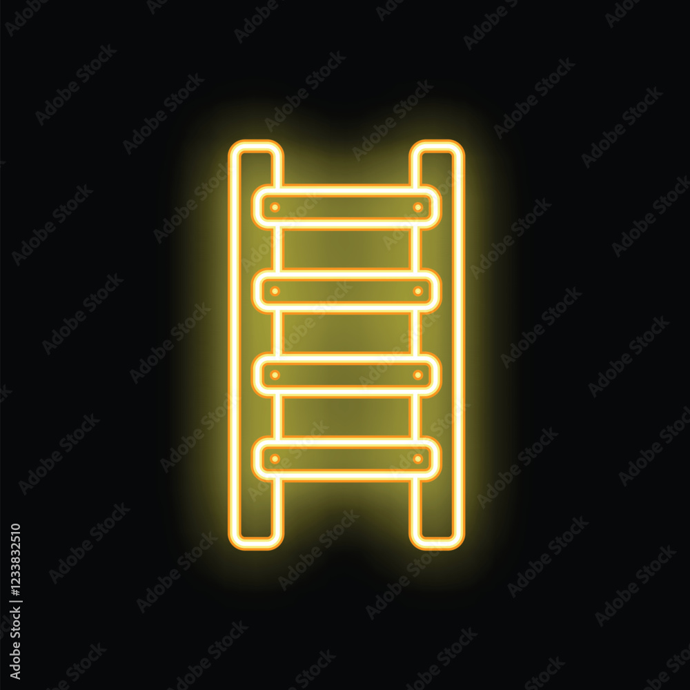 Bright yellow neon sign of a ladder is glowing on a black background Bright yellow neon sign of a ladder is glowing on a black background