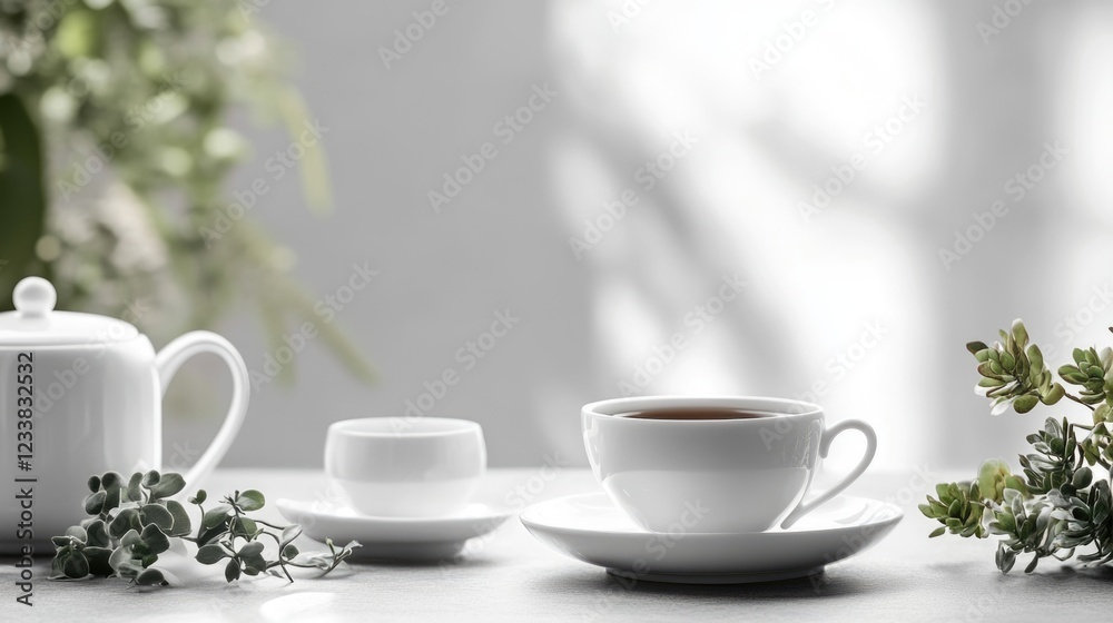 Fototapeta premium Elegant Succulent Tea Service Set with White Porcelain Cups and Teapot Surrounded by Greenery in Bright Minimalist Setting
