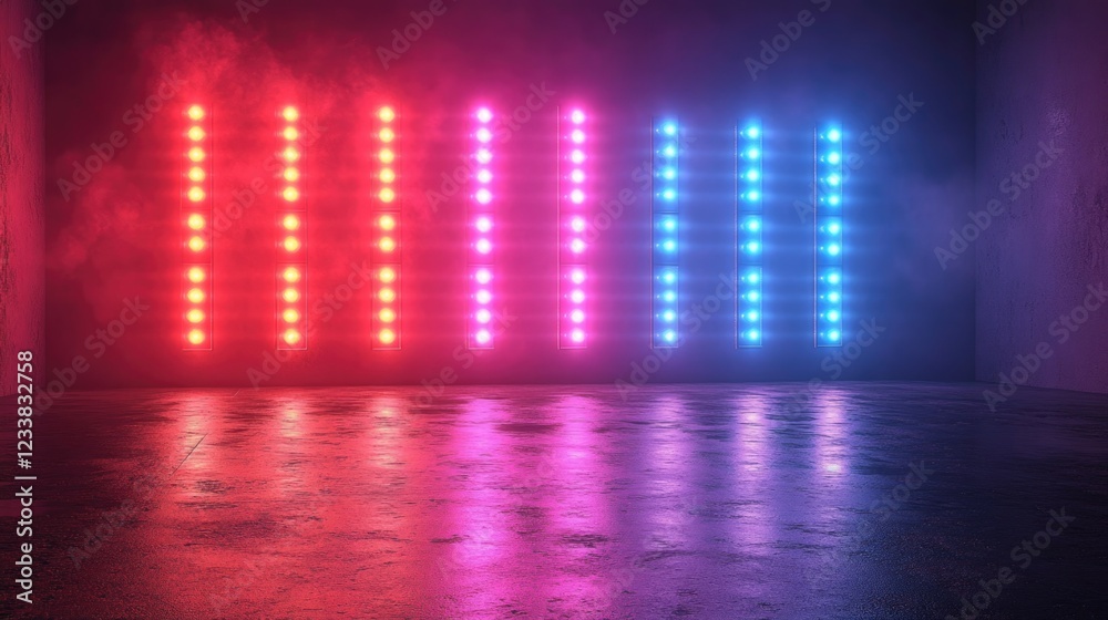 Neon light display with three rows of colorful squares in a dark setting and ample empty space for custom text or graphics. Neon light display with three rows of colorful squares in a dark setting and ample empty space for custom text or graphics.