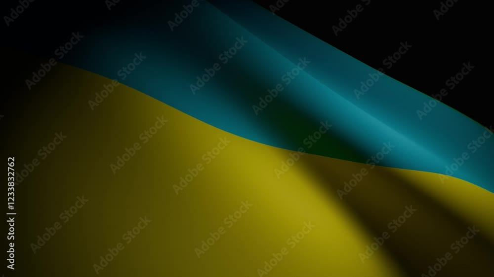 Realistic 3D animation of the Ukrainian flag illuminated by a spotlight, dynamically waving in a dark background. High-quality close-up details and smooth motion Realistic 3D animation of the Ukrainian flag illuminated by a spotlight, dynamically waving in a dark background. High-quality close-up details and smooth motion