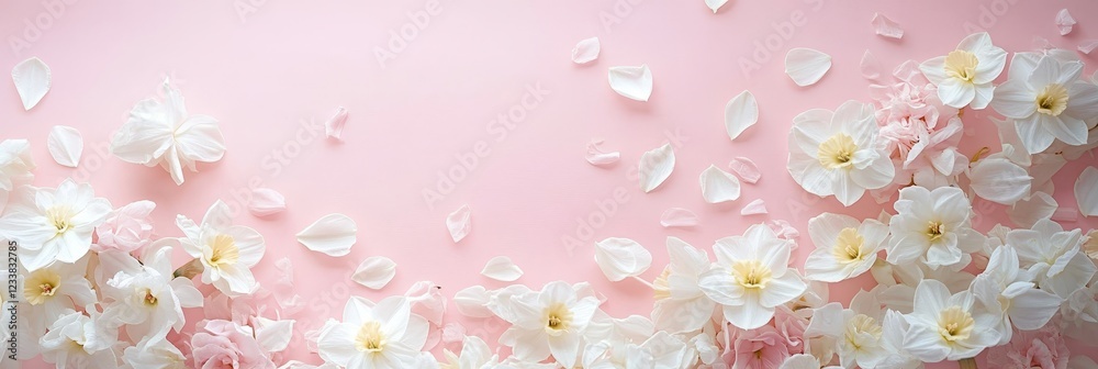Spring Floral Flat Lay on Pastel Pink, Delicate Arrangement of White Daffodils and Pink Hyacinths Spring Floral Flat Lay on Pastel Pink, Delicate Arrangement of White Daffodils and Pink Hyacinths