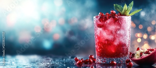 Refreshing red beverage with pomegranate seeds and mint on blurred autumn background ideal for healthy drink concepts and seasonal promotions