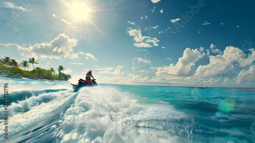 Adventurous Jet Ski Rider Racing Across the Water with Dynamic Motion
 photo