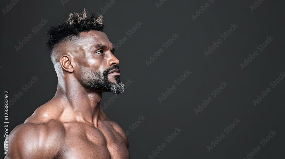 Fototapeta premium Muscular man, profile view, dark background, fitness