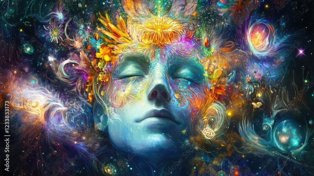 Visionary cosmos art showcasing transformation from imagination to progress through vibrant abstract figuratives and a serene, dreamlike atmosphere. Visionary cosmos art showcasing transformation from imagination to progress through vibrant abstract figuratives and a serene, dreamlike atmosphere.