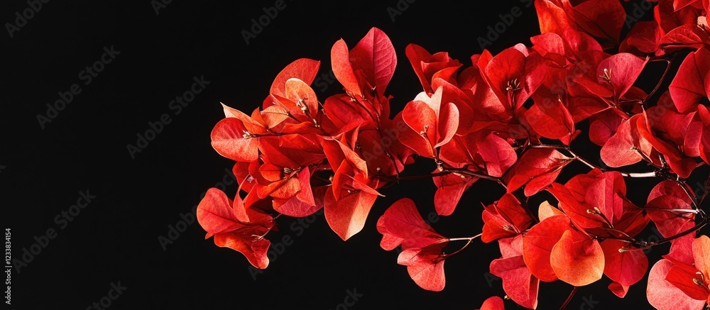 Red Bougainvillea Flowers on Black Background with Copy Space Red Bougainvillea Flowers on Black Background with Copy Space