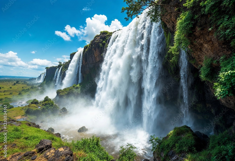 Fototapeta premium Majestic Waterfalls Cascade Through Lush Greenery Under a Bright Blue Sky. Generative AI