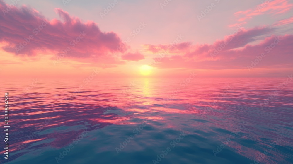 Obraz premium Serene Sunset Over Calm Ocean with Vibrant Colors Reflecting on Water and Ample Copy Space for Text or Branding